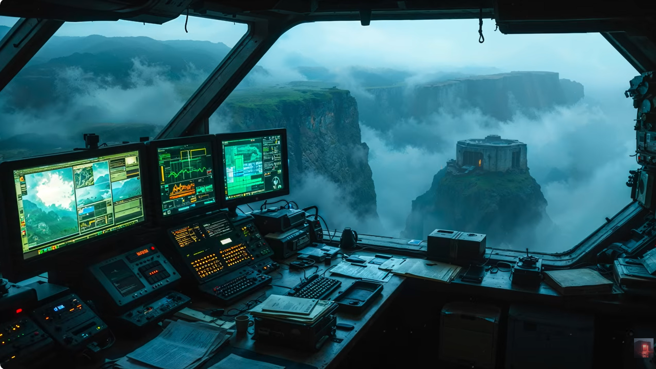 Spaceship cockpit overlooking a foggy alien vista